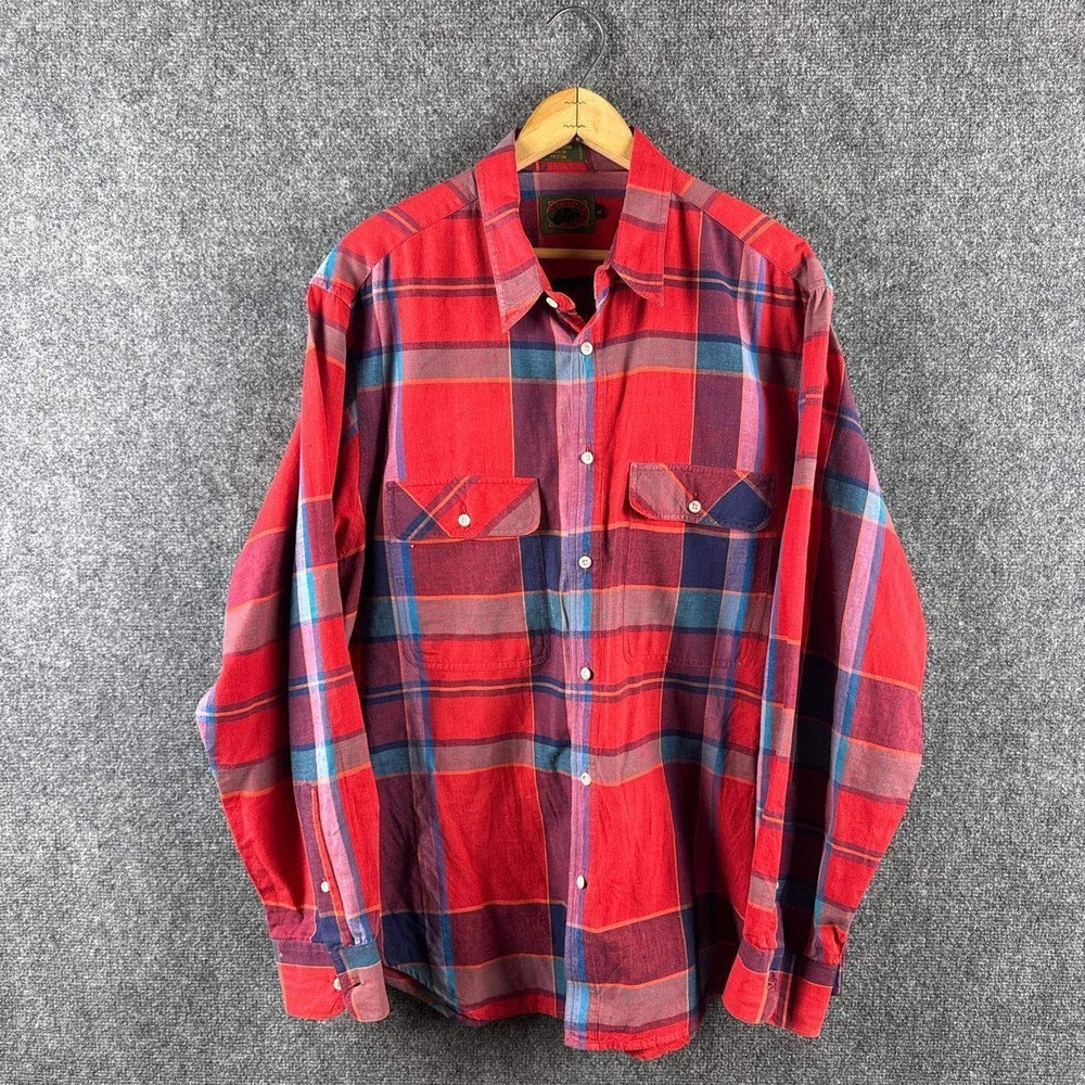 Boston Traders Mens Red Plaid Flannel Button Down Shirt Large Long Sleeve Cotton
